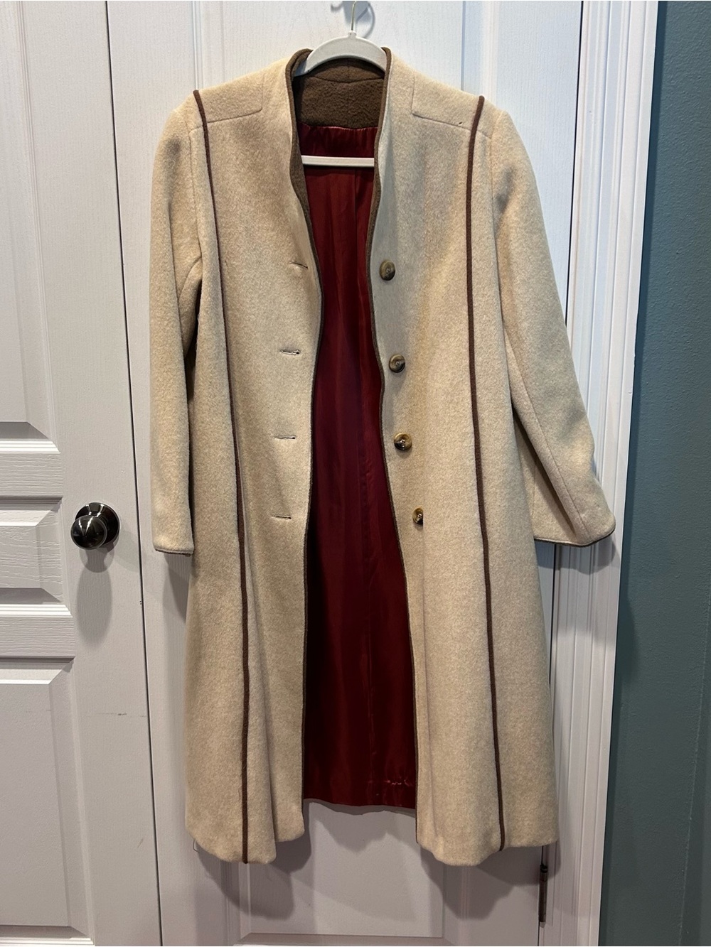 VTG 1970s Merville Fashions Cream Wool Trench Coat ILGWU Union Tag Brown Piping